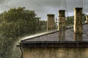 Rain falls on a blackened roof.