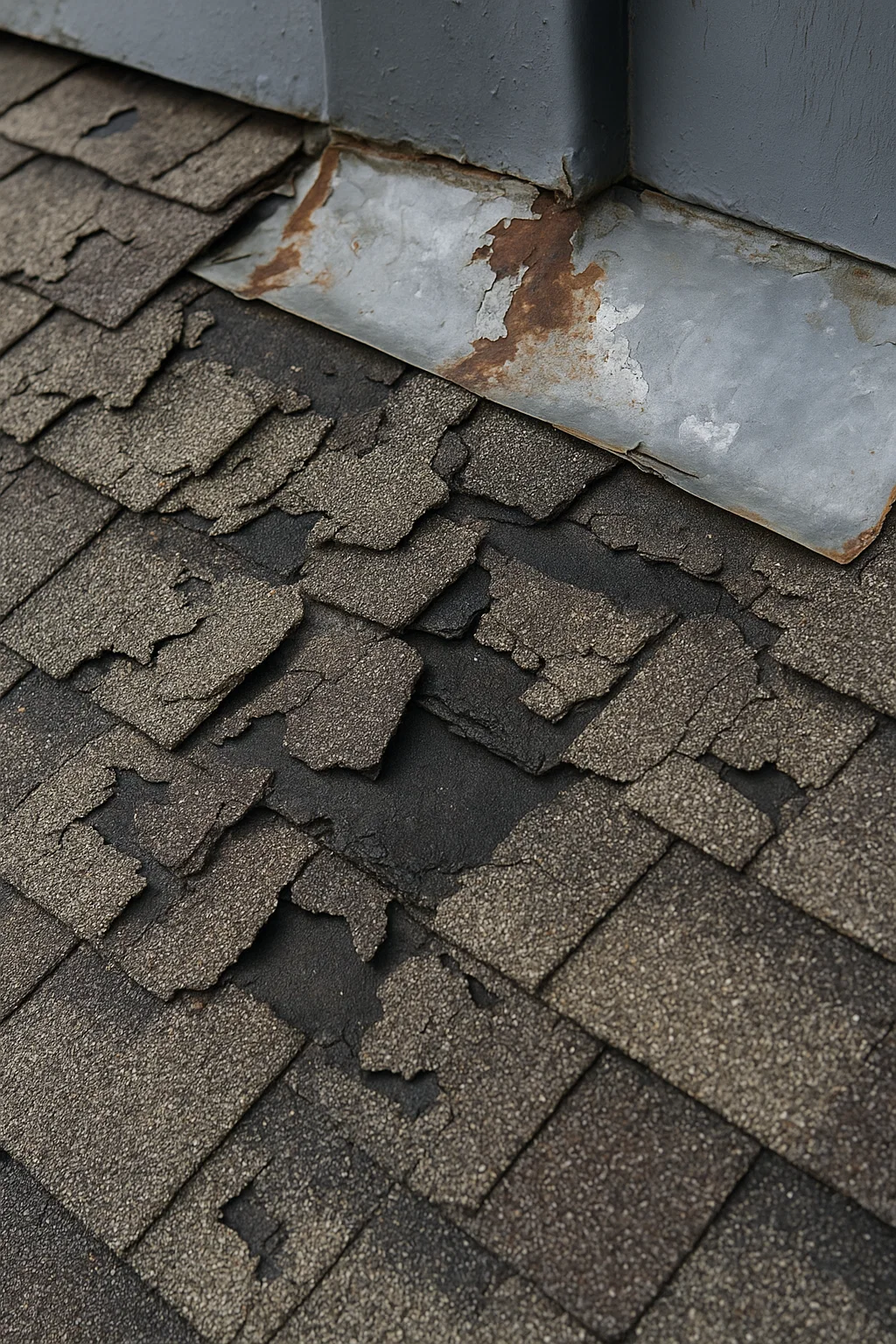 Close-up of worn shingles and rusted flashing where a roof meets a wall