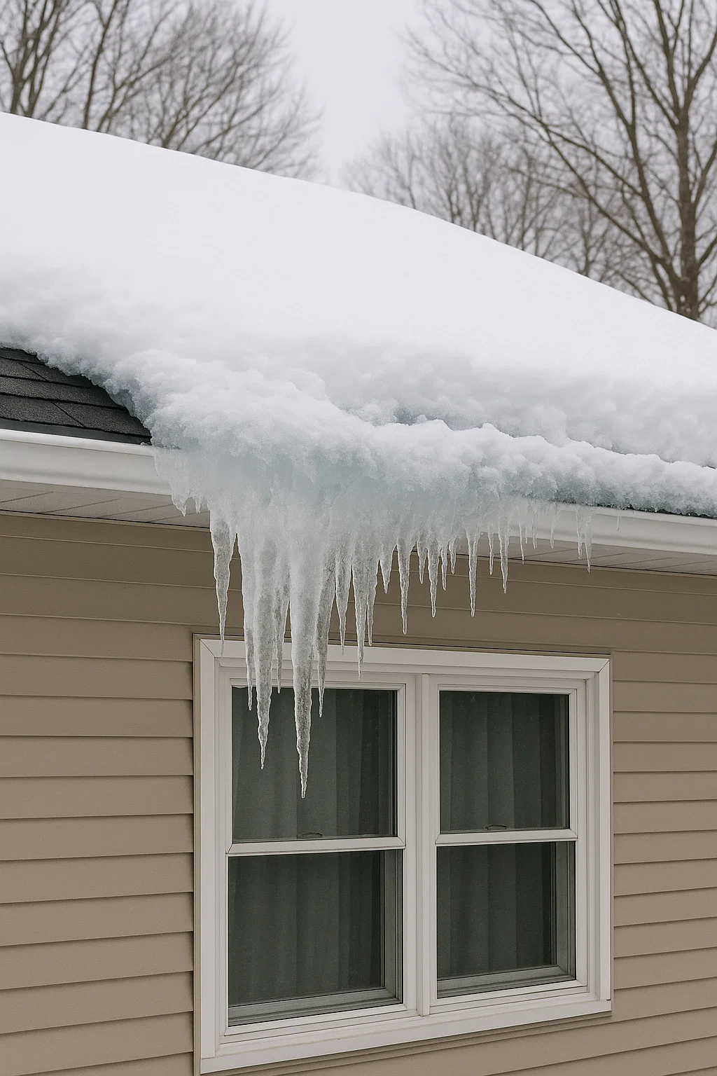 Snow and icicles building up along the eaves of a house