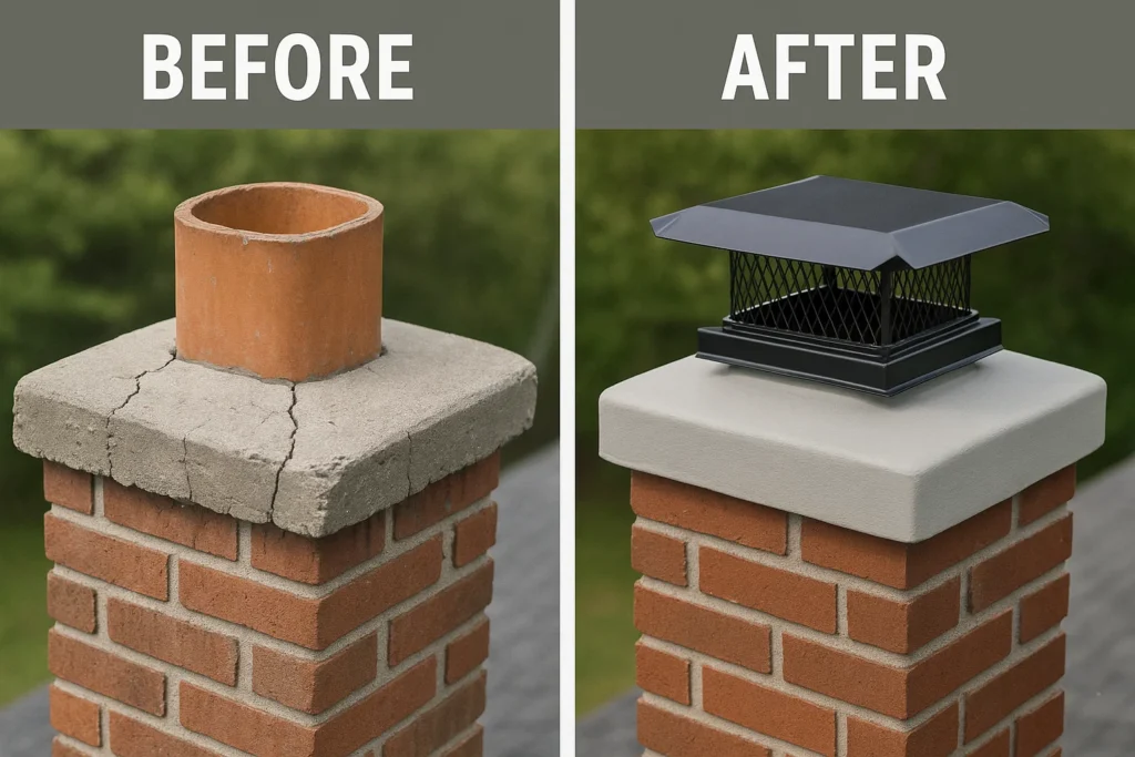 Before and after of a chimney crown repair with a new cap on a Pennsylvania home.