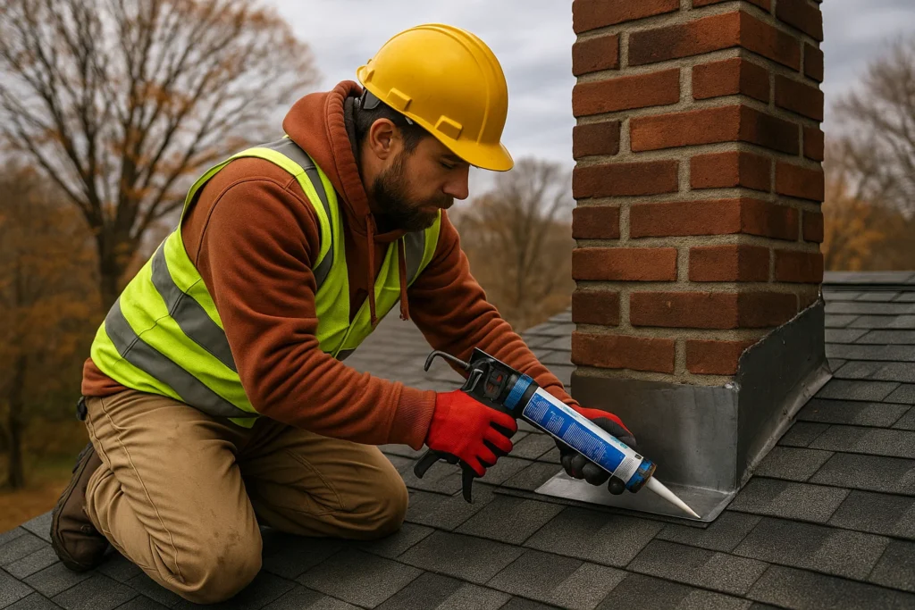 Technician sealing chimney flashing on a shingle roof in Bucks County before winter.