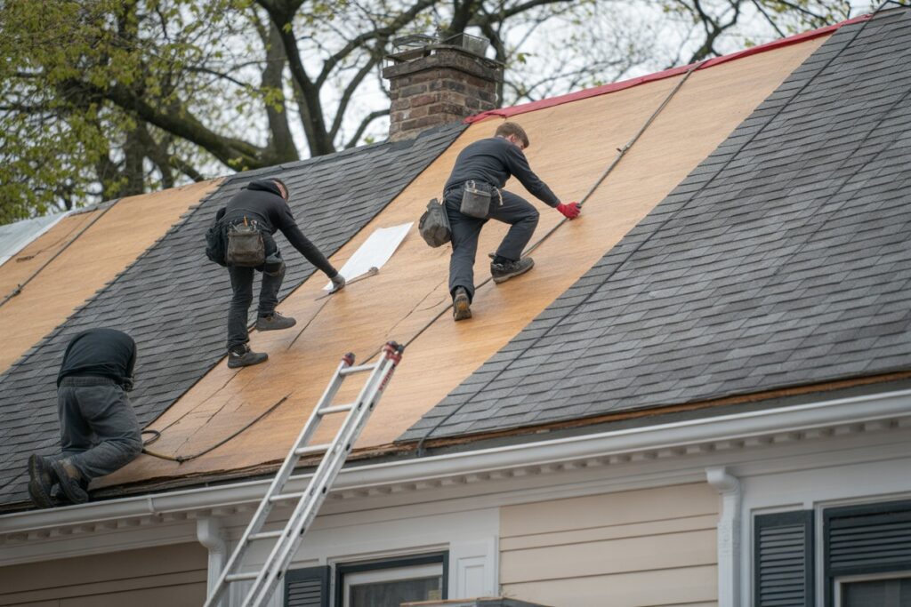 Union Roofing crew repairing a flat roof on a Philadelphia