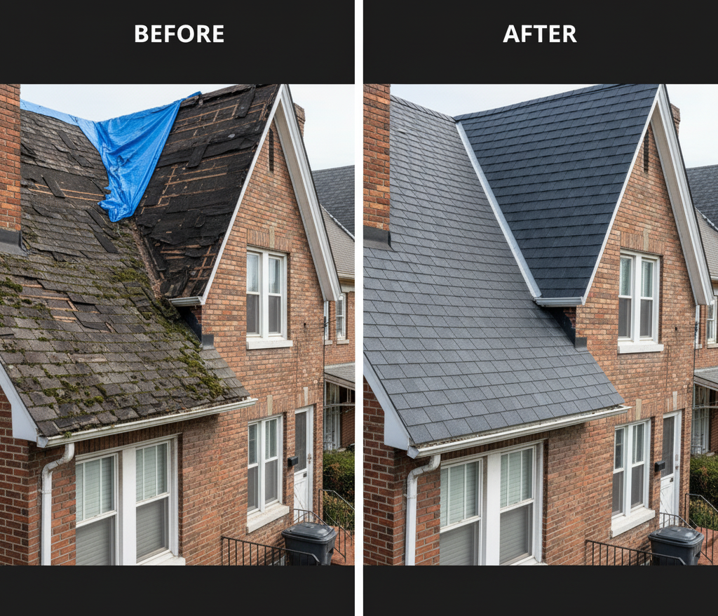 Union Roofing Before and after roof replacement in Philadelphia