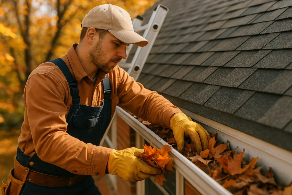 Worker removing fall leaves from a gutter