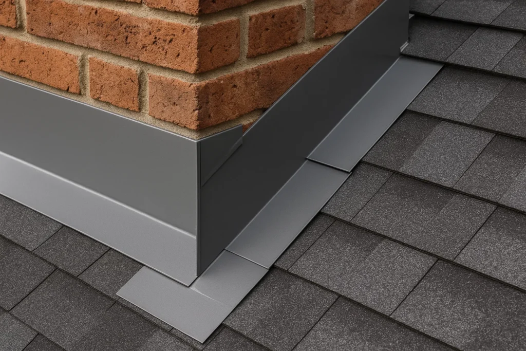 New step flashing and counter flashing around a brick chimney on a home in Montgomery County.