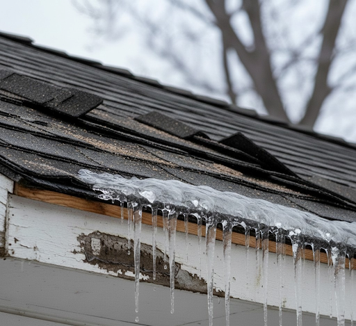 Close up of roof shingles and gutters showing early signs of ice dam roof damage.