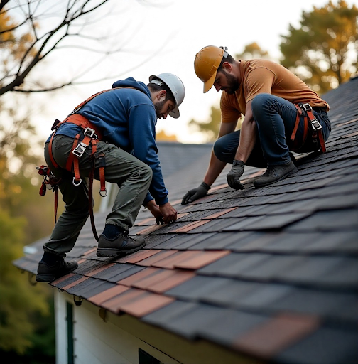 Roofing crew completing roof repair on a home in Langhorne, Pennsylvania.