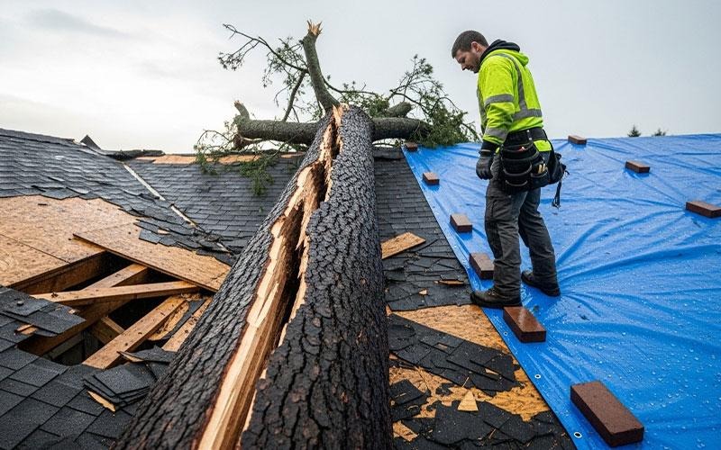 Union Roofing technician inspecting storm damage on flat roof