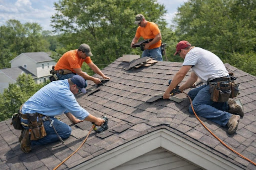 Roofing crew working on an asphalt shingle roof of a residential home