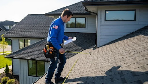 Roof inspector measuring shingle roof during a residential roof inspection after storm damage