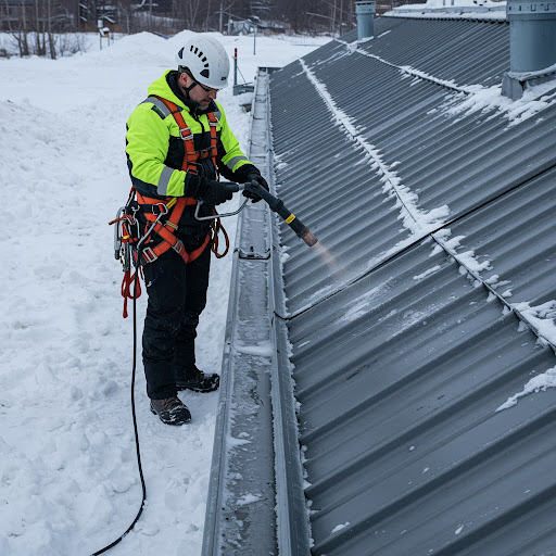 Professional gutter maintenance in winter conditions