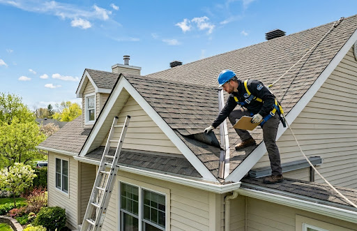 Roof inspector in safety harness checking shingles on a home roof in spring