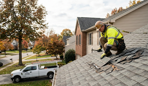 Roofing contractor repairing shingles on residential roof.