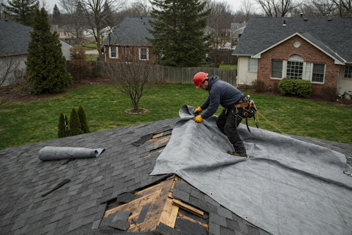 Repaired asphalt shingle roof after storm damage restoration.