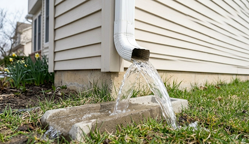 Water flowing properly through residential downspout