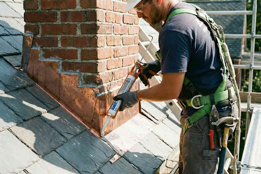 Roofing contractor applying sealant to chimney flashing on a shingle roof during exterior maintenance work