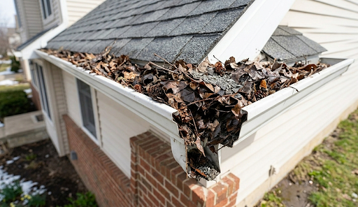 Gutter filled with leaves and winter debris