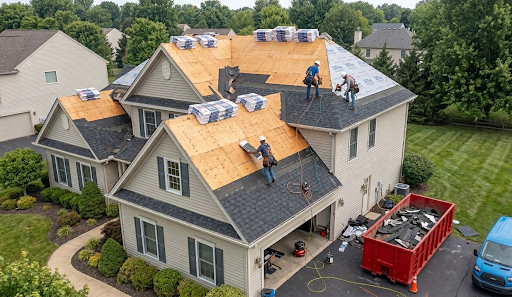 roofing contractor installing asphalt shingles on Blue Bell home