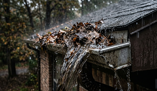 Clogged gutter with debris causing water overflow