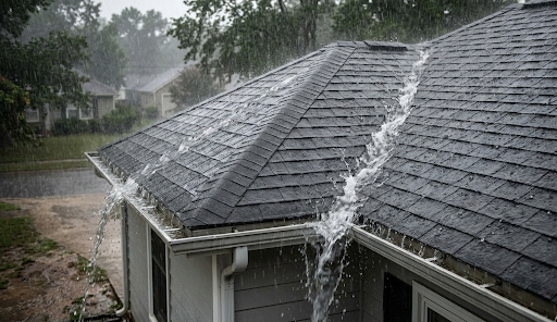 Heavy rain is hitting a residential roof.