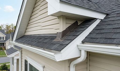 Step flashing installed along the roof and wall.