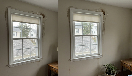 Water damage around the window frame interior.