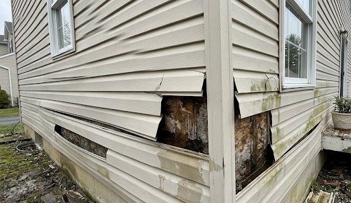 Damaged siding allowing water infiltration.