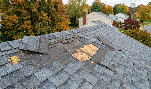Damaged roof shingles needing repair.