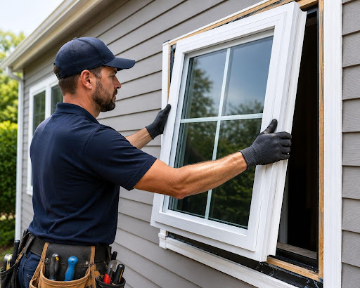 Professional window contractor fitting a new window