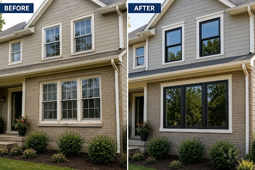 Before-and-after home window replacement improving curb appeal.