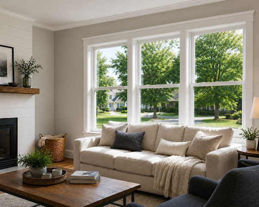 Large replacement windows installed in a modern living room