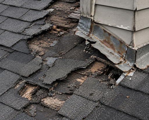 Roof rot and flashing damage near chimney repair needed.