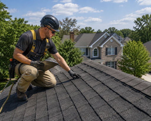 Roofing contractor performing shingle roof inspection on home.