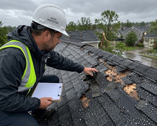 Roofing inspector assessing storm-damaged asphalt shingles.