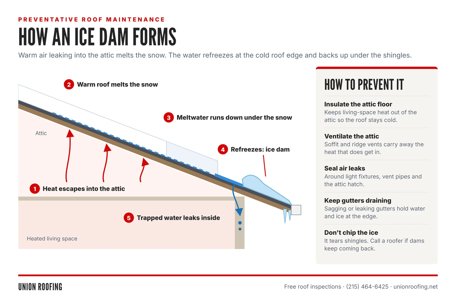 Diagram of how an ice dam forms: attic heat melts snow, meltwater refreezes at the cold roof edge and backs up under the shingles